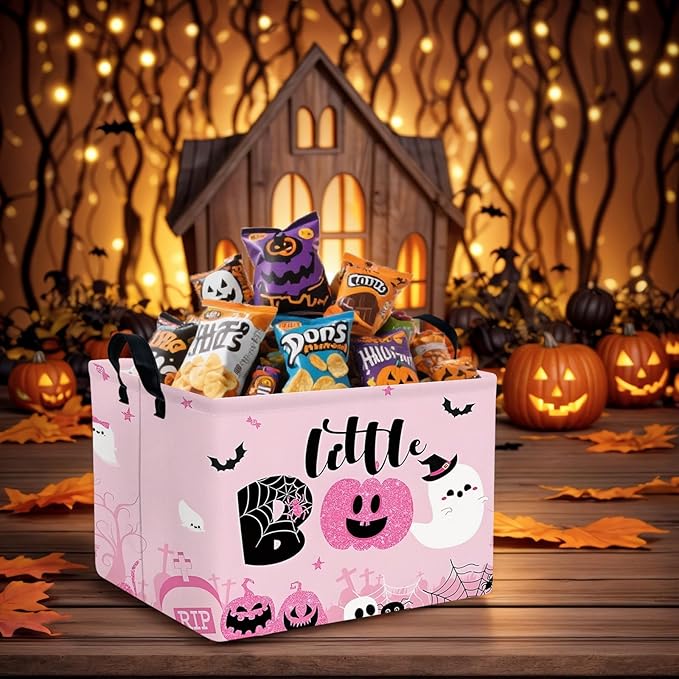 Halloween Basket Gift Cute Pumpkin Ghost Parties Decor Kid Trick or Treat Basket for Boys and Girls Rectangular Storage Bin Box (Pink)-NeatNest