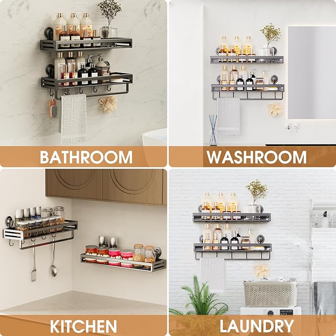 Shower Caddy Suction Cup, 11.8 inch 2 Pack Suction Shower Shelf with Hooks NO-Drilling Bathroom Holder, Rustproof Bathroom Organizer, Dark Grey