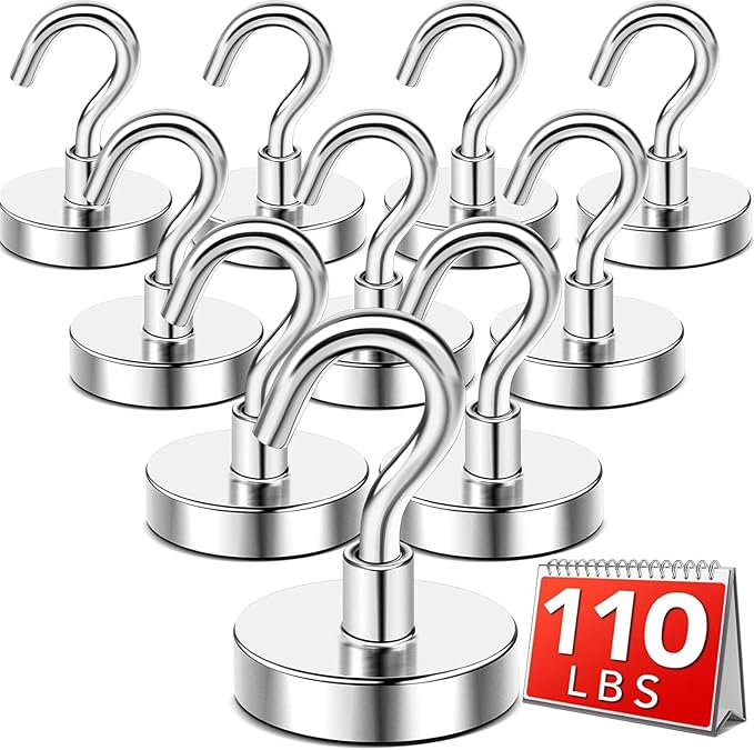 DIYMAG Magnetic Hooks,110 lb Heavy Duty Strong Magnet with Hook for Hanging Rare Earth Neodymium Magnet for Fridge Kitchen Cruise Grill Garage and Storage 12 Packs-NeatNest