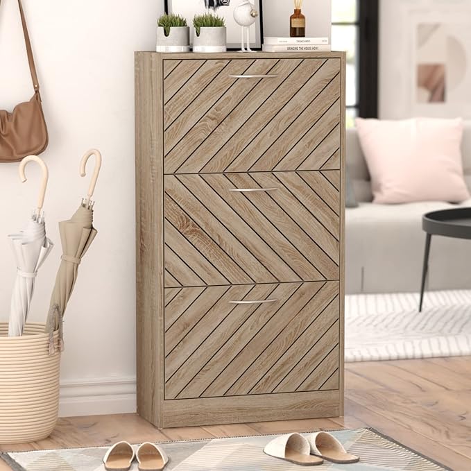 Homsee Modern Shoe Storage Cabinet with 3 Flip Drawers & Twill Louver Doors, Wood 3-Tier Shoe Rack Storage Organizer for Entryway, Hallway & Bedroom, Brown (22.4”L x 9.4”W x 42.3”H)-NeatNest
