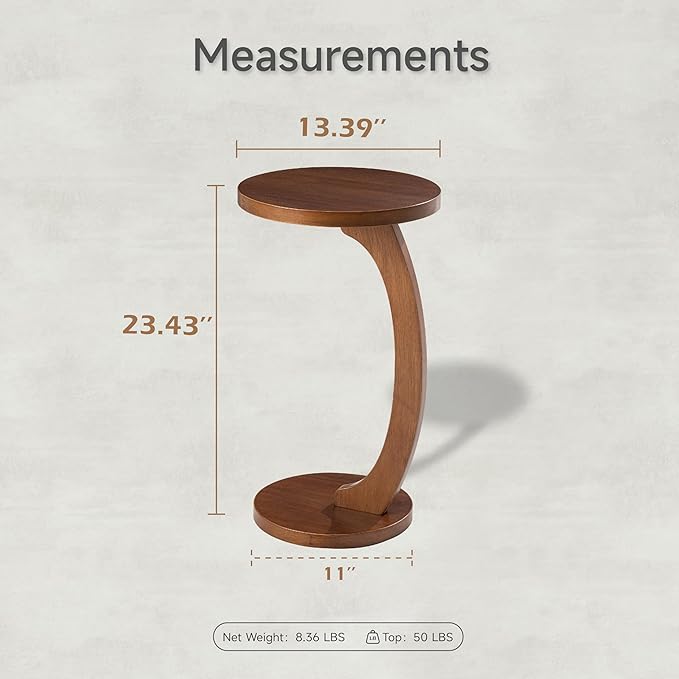 C Shaped Round End Table for Couch Small Place, Space Saver Side Table for Sofa, Living Room, Bedside Area, Coffee and Eating Snack Tray, Walnut Color-NeatNest
