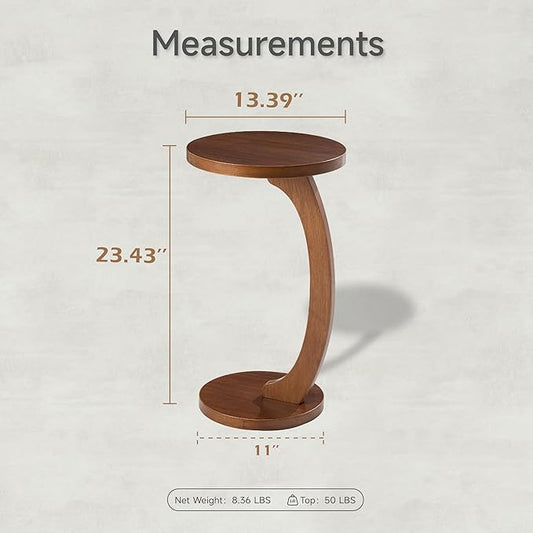 C Shaped Round End Table for Couch Small Place, Space Saver Side Table for Sofa, Living Room, Bedside Area, Coffee and Eating Snack Tray, Walnut Color-NeatNest
