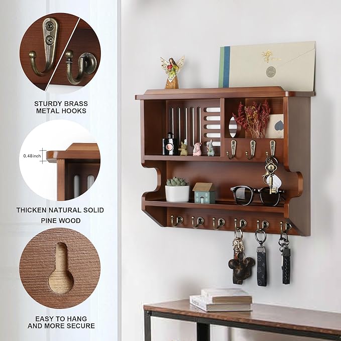 Key Holder for Wall, Mail and Key Holder for Home Decor, Key and Mail Holder for Wall with Key Hooks, Walnut