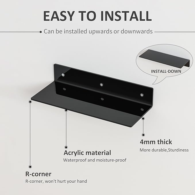15 Inch Black Acrylic Wall Shelves 4 Pack, L Shape Floating Shelf, Corner Shelf, Perspex Wall Mounted Space Saver-NeatNest