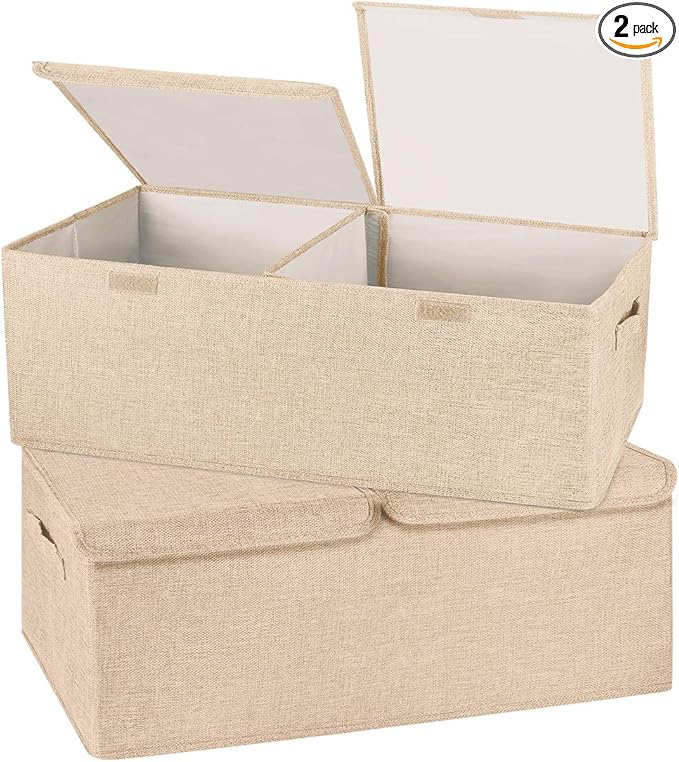 2 Pack Storage Boxes with Lids and Handles, Collapsible Linen Storage Bins Organizer Containers Baskets Cube with Removable Divider for Home Bedroom Closet Office (Khaki, Small)-NeatNest