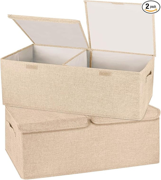 2 Pack Storage Boxes with Lids and Handles, Collapsible Linen Storage Bins Organizer Containers Baskets Cube with Removable Divider for Home Bedroom Closet Office (Khaki, Small)-NeatNest