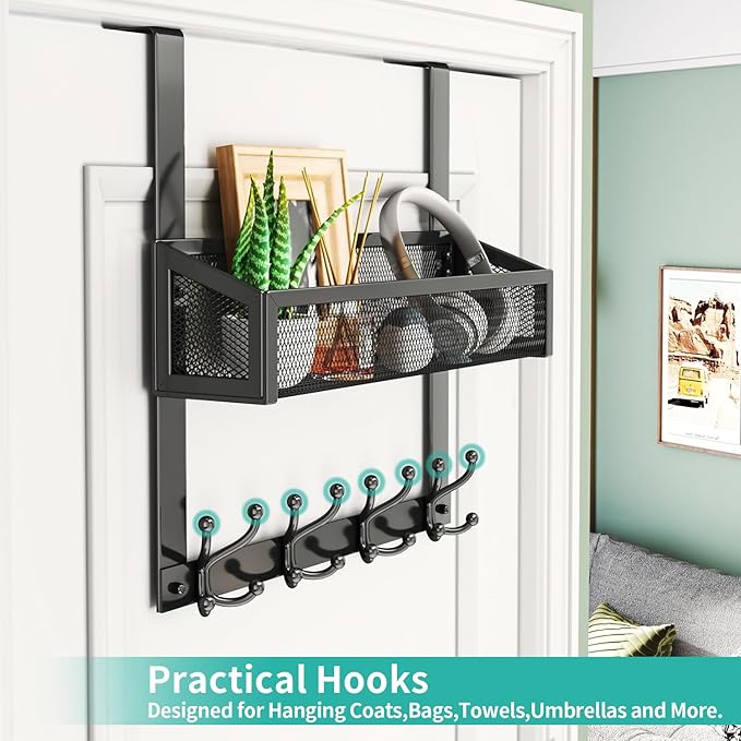 HapiRm Over The Door Hooks - Easy Installation Door Hanger with Basket and 16 Hooks, 304 Stainless Steel Storage Organizer for Towels, Coats, Bathroom, Kitchen, Dorm - Black