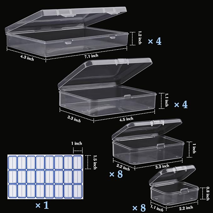 24 Pack Mixed Sizes Rectangular Mini Plastic Containers Clear Plastic Storage Boxes with Hinged Lids and Labels Empty Beads Organizers for Small Items Art Craft Jewelry Projects-NeatNest