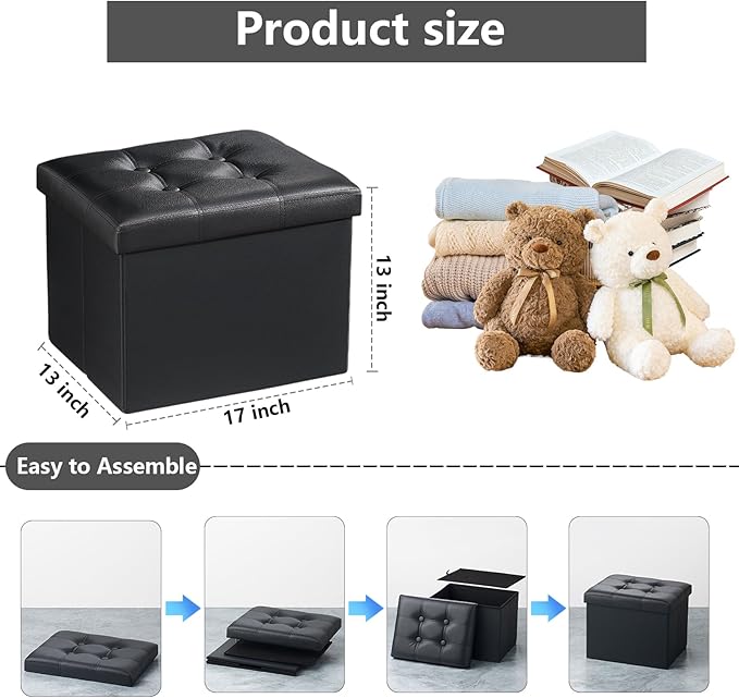 AmasSmile Storage Ottoman Folding Foot Rest Stool, Leather Footstool Bench, Short Ottoman Stool, Storage Foot Rest Store, Books (Black, 17" D x 13" W x 13" H)-NeatNest