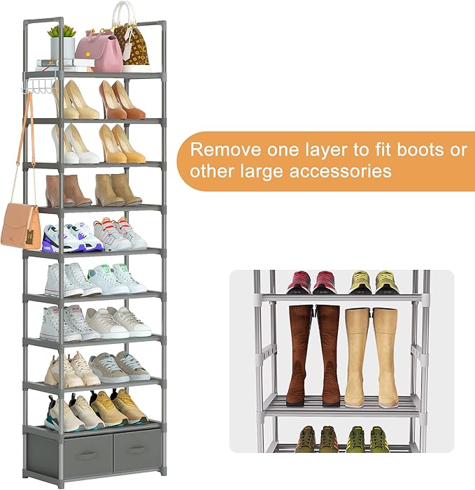 Shoe Rack, Sturdy Metal Shoes Rack Organizer,Narrow Shoe Rack,Shoe Racks for Closets,Shoes Rack,Shoe Stand,Shoe Shelf (10 Tier with 2 Boxes and 1 Hook)-NeatNest