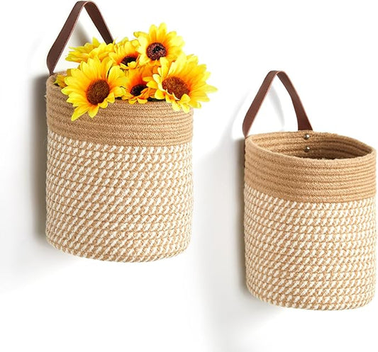 DULLEMELO Wall Hanging Basket 7 X 8 Inches Hanging Storage Baskets for Decor, Set of 2 Woven Storage Baskets,Wall Baskets for Storage Entryway Wall Decor,Jute&Khaki-NeatNest