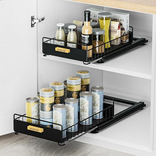 Under Sink Organizer, 2 Packs Under Sink Organizers and Storage, Slide Out Pull Out Cabinet Organizer Shelf with Metal Drawers for Kitchen Bathroom Pantry, Black-NeatNest