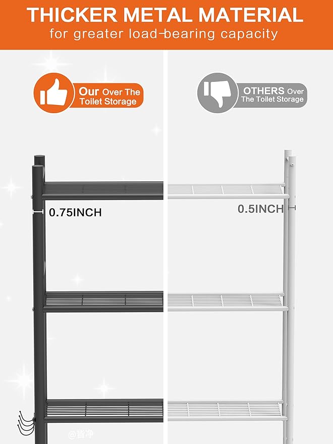 3-Tier Over The Toilet Storage, Space Saver Metal Bathroom Shelves, Freestanding Above Over Toilet Storage Shelf with 4 Hooks for Bathroom, Black-NeatNest