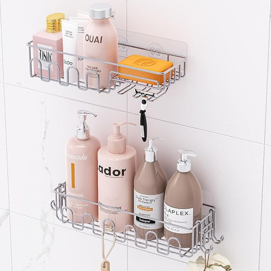 Adhesive Shower Caddy: 2 Bonus Hooks, 4-Pack Wall Mounted Bathroom Storage Shelf, Rustproof Metal Basket Organizer for Kitchen & Bathroom No Drill Grey