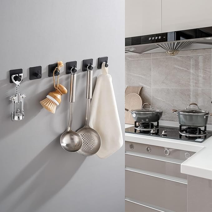 6 Packs Adhesive Hooks, Black Towel Hooks for Bathrooms, Heavy Duty Stainless Steel Wall Hooks, Waterproof Shower Hooks for Inside Shower, Hooks for Hanging Robe, Coat, Hat, Key, Clothes