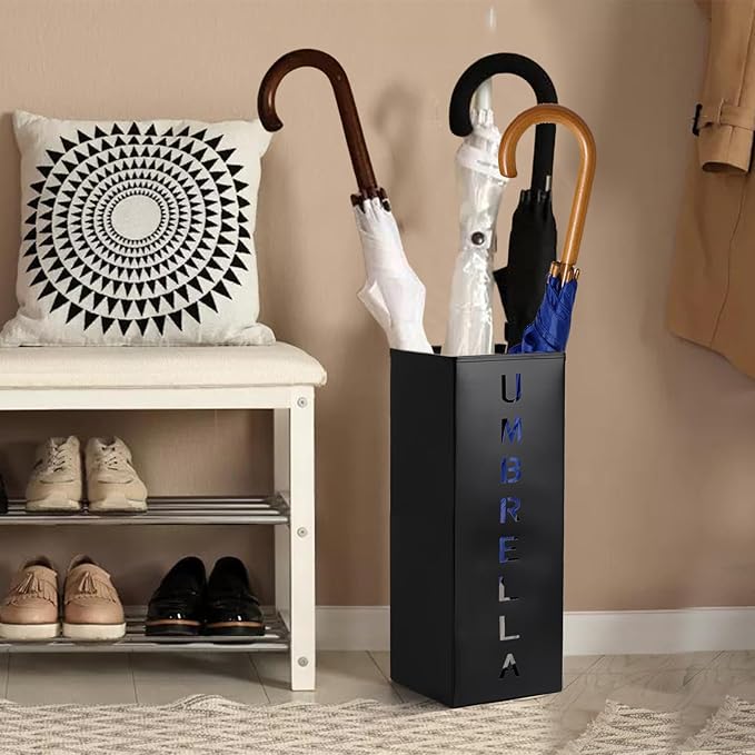 Hiceeden Metal Square Umbrella Holder, 6.3" x 6.3" x 16.5" Umbrella Stand for Entryway, Umbrella Rack Canes Walking Sticks Storage Bin for Office, Home, Hotel, Black