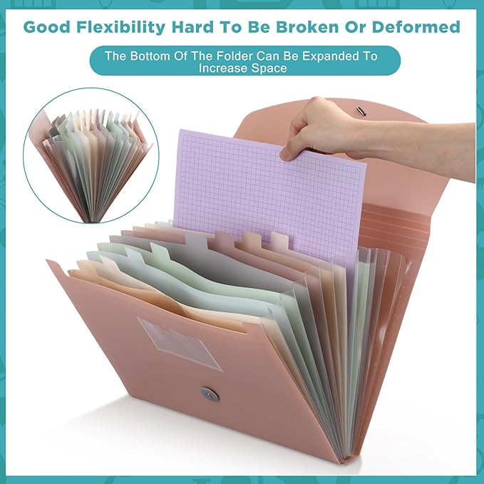 Cholemy Expanding File Folder 13 Pockets File Organizer with Labels A4 Letter Size Receipt Document Organizer Plastic Expandable Filing Folders for Office, Home(Pink)