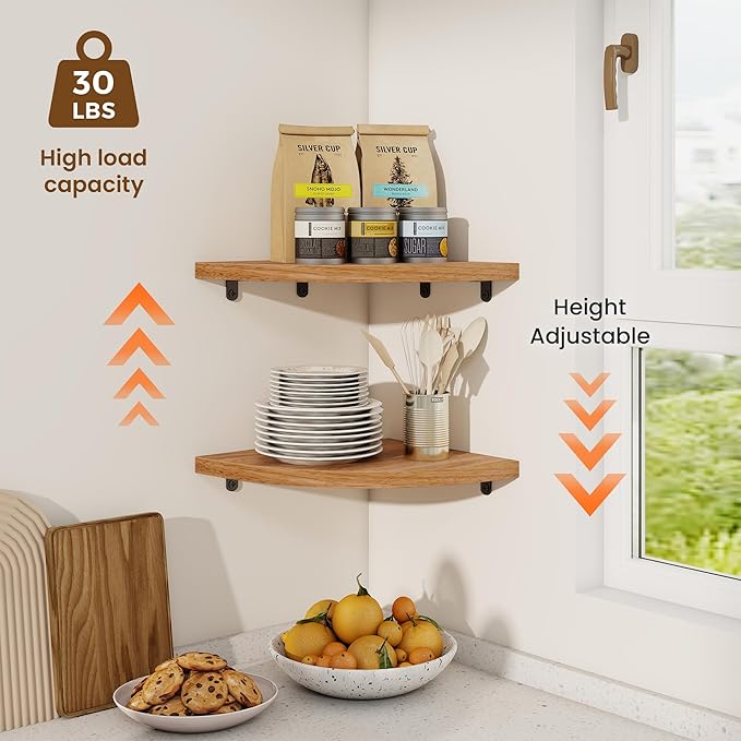 Fun Memories Corner Shelf Wall Mount Set of 2 - Solid Oak Wood Floating Corner Shelf with Cable Hole, 10in Rustic Design for Bedroom, Living Room, Kitchen (Natural)-NeatNest