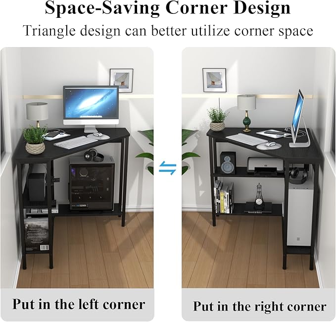 Corner Desk with Outlets & USB Ports, 90 Degree Triangle Corner Table with CPU Stand & Storage Shelves for Small Space, Computer Table with Charging Station for Home Office Bedroom (Black)-NeatNest