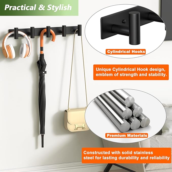 Coat Rack Wall Mounted with 5 Hooks,Metal Wall Hooks for Hanging Towel Coat Bag, Stainless Steel Coat Hooks Hat Rack Coat Hanger Towel Hooks for Entryway Bathroom Kitchen (Black, 2 Packs)-NeatNest