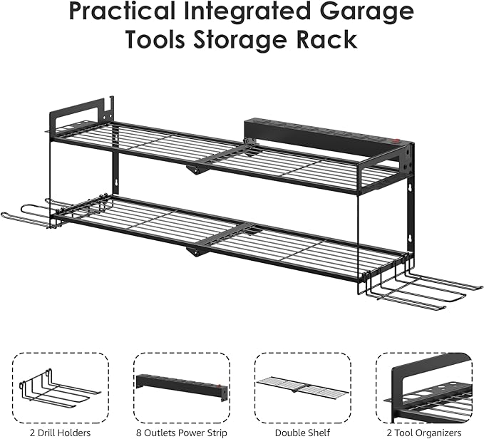 CCCEI Large Garage Tools Storage with Charging Station. Power Tool Battery Organizer Utility Shelf with Power Strip. 4 Drills Holder Wall Mount Rack.-NeatNest