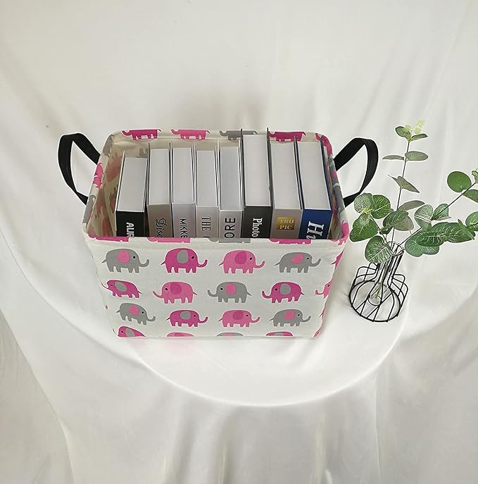 Elephant Print Rectangular Storage Bin Shelf Basket Canvas Fabric Toy Box,Waterproof Coating Nursery Hamper with Handles,Gift Basket for Home,Office,Clothes,Books(pink grey elephant)