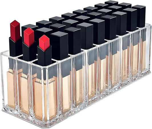 Acrylic Clear Lipstick Organizer 27 Slot Makeup Brush Holder For Vanity & Travel Storage for Lip Gloss Sticks Rollerball Perfumes Sample And Countertop Display-NeatNest