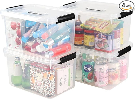 Hespama 4 Pack Clear Storage Bins with Handle, 12 Quart Plastic Lidded Organizer Box