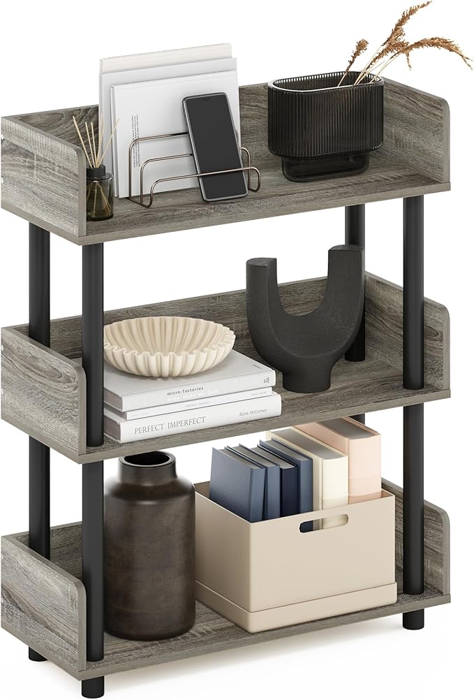 Furinno Turn-N-Tube 3-Tier Freestanding Multipurposes Display Rack, Bookshelf, French Oak/Black-NeatNest
