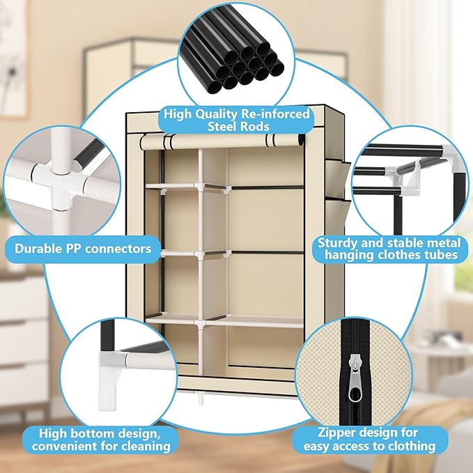 Calmootey Portable Closet Organizers, Clothing Storage, Wardrobe with 6 Shelves and Hanging Rod, Non-Woven Fabric Cover with 4 Side Pockets, Beige-NeatNest