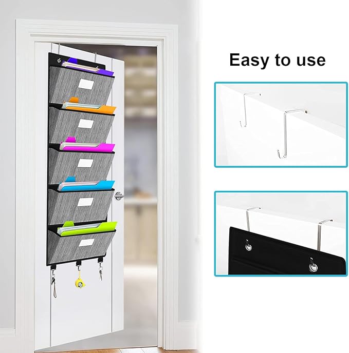 homyfort Over the Door File Organizer, Hanging File Folders Wall Organizer with 5 Large Pocket for Papers, Charts, Mails, Magazine, Office (Black)-NeatNest