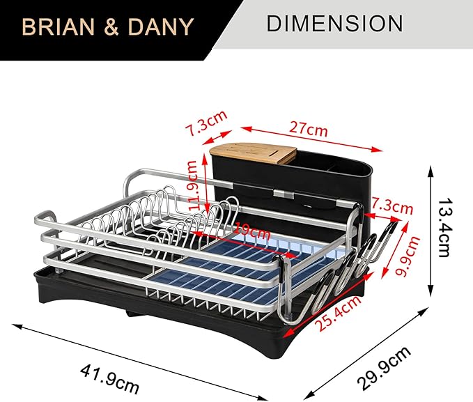 BRIAN & DANY Aluminum Dish Drying Rack, Dish Racks for Kitchen Counter, Dish Drainer with Removable Cutlery Holder & Cup Holder, Unique 360° Swivel Spout Drainboard, 16.5" L x 11.8" W, Silver