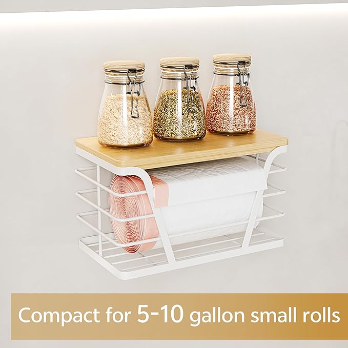 Small Grocery Bag Holder, Trash Bag Dispenser with Bamboo Top for Laundry Room Organization,Laundry Organizers and Storage, White