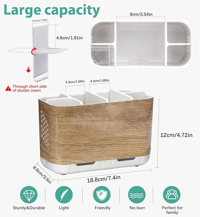 Boperzi Toothbrush and Toothpaste Holder Wood Grain for Bathroom Countertop with Adjustable Dividers, Toothpaste Caddy Organizer Storage Rustic Decor Set Freestanding Anti-Slip for Shower,Family,Kids-NeatNest