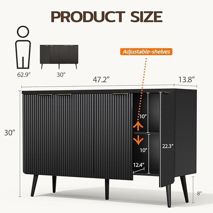 47.2" Sideboard Buffet Cabinet with Storage, Modern Fluted Accent Credenza with 4 Doors, Buffet Media Console Entryway Cabinets with Adjustable Shelves for Living Dining Room Hallway, Black-NeatNest