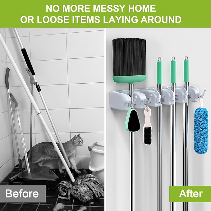 LETMY Broom Holder Wall Mounted - Mop and Broom Hanger Holder - Garage Storage Rack & Garden Tool Organizer - 5 Position 6 Hooks for Home, kitchen, Garden, Tools, Garage-NeatNest
