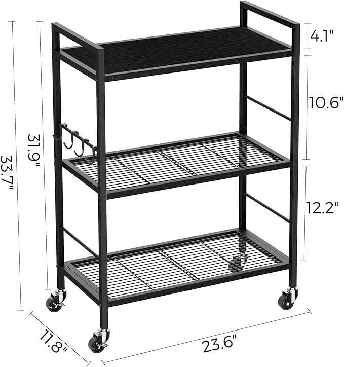 3-Tier Metal Storage Rack with Industrial Wheels,Mesh Shelving Unit with Wooden Table top,Adjustable Shelf,23.6-Inch Width,for Kitchen,Laundry,Pantry,Plant,Black Panel and Black Frame