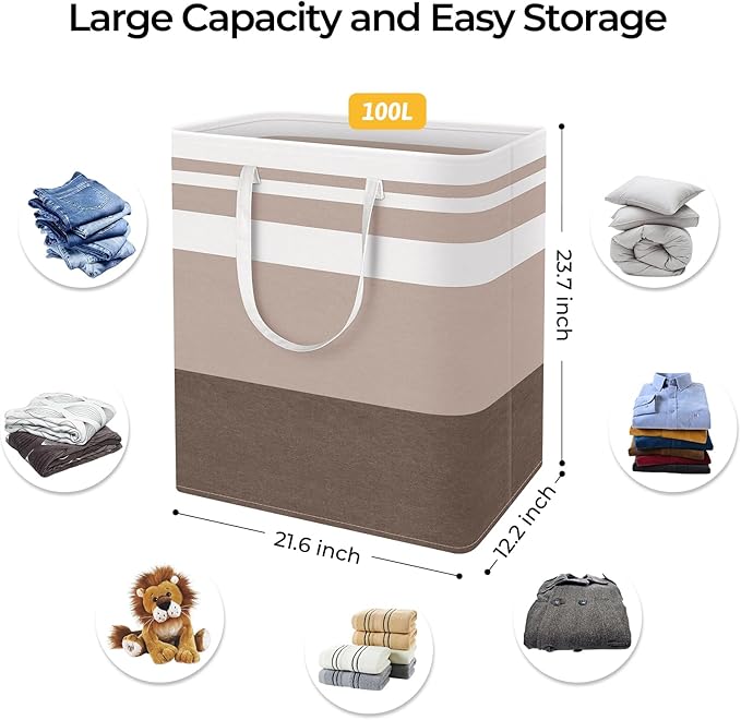 HomeHacks 2-Pack Large Laundry Basket, Waterproof, Freestanding Laundry Hamper, Collapsible Tall Clothes Hamper with Extended Handles for Clothes Toys in the Dorm and Family (Brown, 100L)-NeatNest