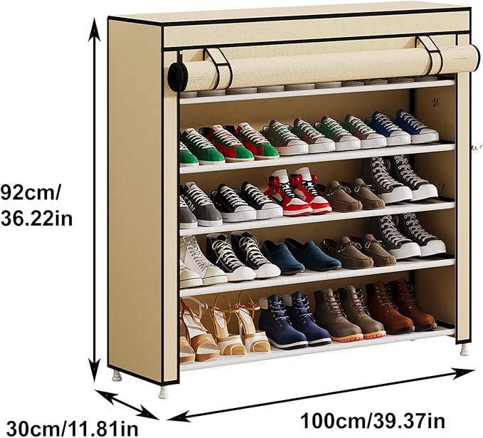 Calmootey 5 Tier Shoe Rack Organizer to Hold 25 Pairs, Portable Shoe Shelf with Nonwoven Fabric Cover for Closet Hallway, Bedroom, Entryway, Beige-NeatNest
