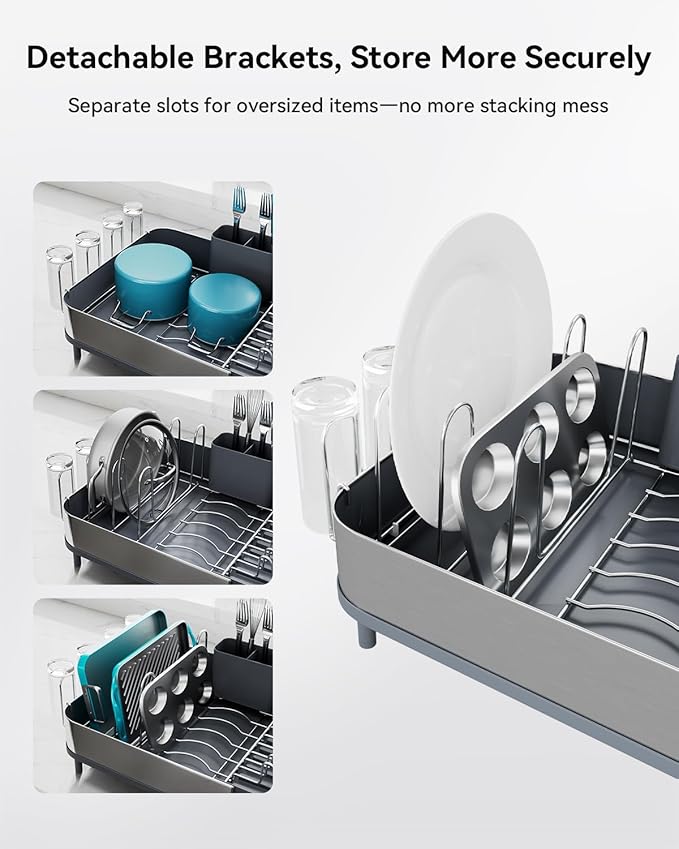 SUNLY Expandable Dish Drying Rack, Versatile Brackets for Pots & Pans, Space Saving Kitchen Drying Rack, Dish Racks for Kitchen Counter, Stainless Steel Dish Drainers with Extendable Spout, Gray