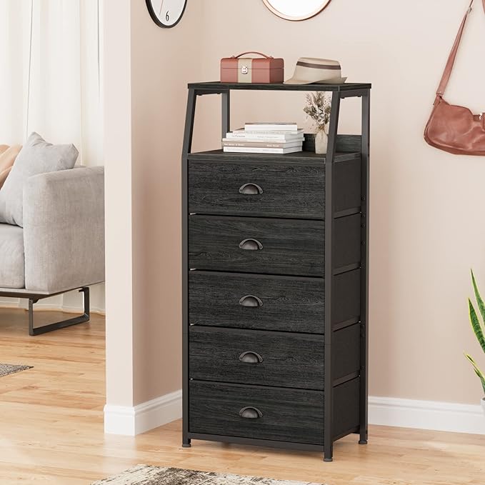 Furnulem Black Dresser with 5 Drawers, Vertical Storage Tower Fabric Dresser for Bedroom, Hallway, Entryway, Nursery, Closet Organizer, Nightstand Bedside Table Furniture, Sturdy Steel Frame, Wood Top-NeatNest