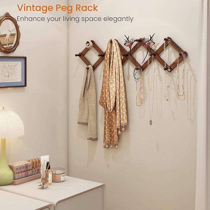 Homode Vintage Wood Expandable Peg Rack- Multi-Purpose Accordion Wall Hangers with 13 Hooks for Hats, Coat, Mugs, Scarf, Jewelry Storage-NeatNest