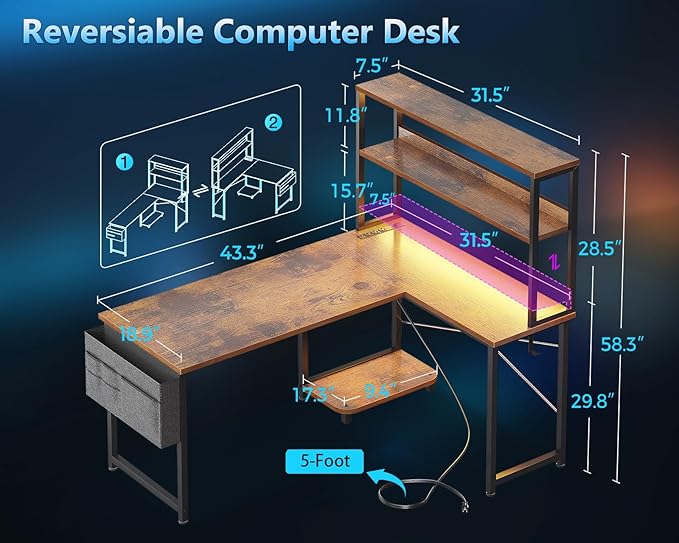 Casaottima Gaming Desk with Power Outlets & LED Lights, 43 Inch Reversible L Shaped Computer Desk with Shelves & Storage Bag, Corner Desk for Home Office, Vintage-NeatNest