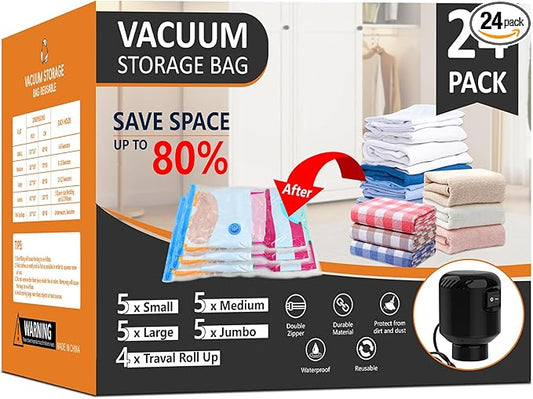24 Pack Vacuum Storage Bags, Space Saver Bags, Compression for Comforters and Blankets, Plush Toy, Sealer Clothes Storage (5 Jumbo/5 Large/5 Medium/5 Small/4 Roll) Electric Vacuum Pump Included-NeatNest