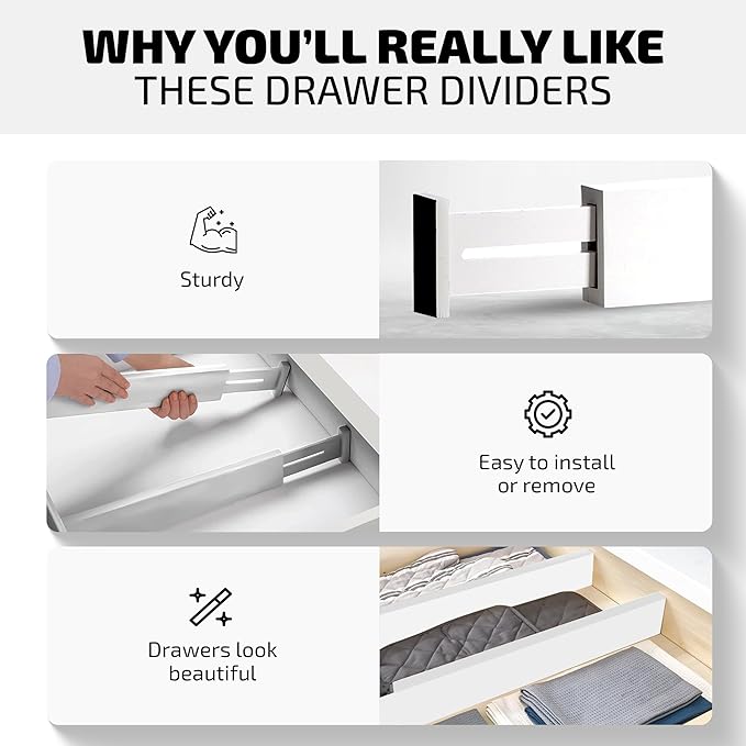 4 Pack Drawer Dividers Bamboo 2.6" High, 12.5"-17" Adjustable Drawer Organizers for Clothes, Expandable Dresser Separators in Bedroom/Bathroom/Kitchen/Office Organization and Storage (White)-NeatNest