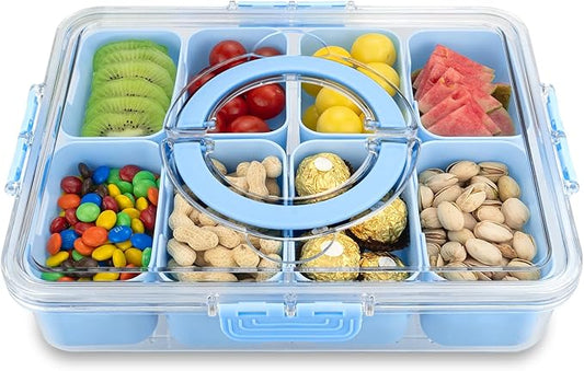 Divided Serving Tray with Lid and Handle,8 Compartments Snacks Box,Snack Fruit Veggie Tray,Portable Platter for Candy Fruits Nuts Snack Party Entertaining Picnic (Blue)-NeatNest