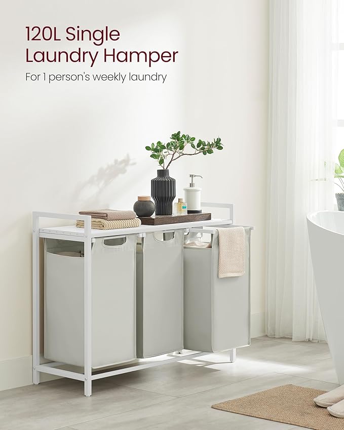 VASAGLE Laundry Hamper, Laundry Basket, Laundry Sorter with 3 Pull-Out and Removable Bags, Shelf, Metal Frame, 3 x 10.6 Gallons (40 L), 36.4 x 13 x 28.4 Inches, Cream White and Cloud White UBLH301W01-NeatNest