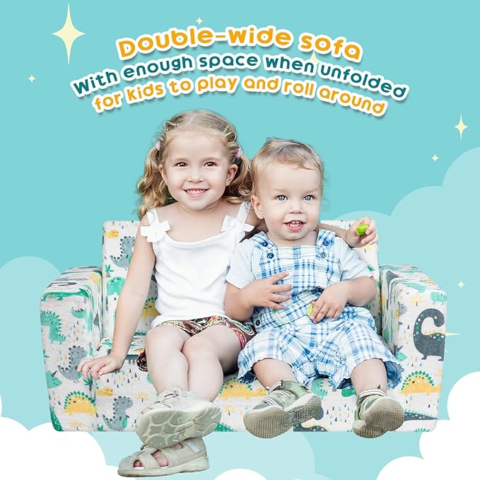 ALIMORDEN Fold Out Toddler Couch, Extra Wide Comfy 2-in-1 Cuddly Sherpa Sofa for Kids, with Removable Baby Friendly Blanket, Convertible Sofa to Bed, Dinosaur-NeatNest
