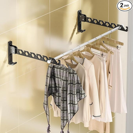 Dr.DJ Wall Mount Coat Hanger Holder Black Clothes Drying Organizer Rack Garment Hooks Aluminium Retractable Folding Indoor Wall Mounted Hanger for Laundry Room Bedroom Black 2Pack with 80cm Rod-NeatNest