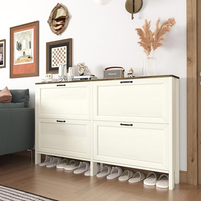 Shoe Cabinet with 4 Flip Drawers, Narrow Shoe Storage Cabinet, Freestanding Shoe Cabinet Organizer, Hidden Shoe Rack Cabinet for Entryway, Hallway (4-Drawers, Off White-Brown)-NeatNest
